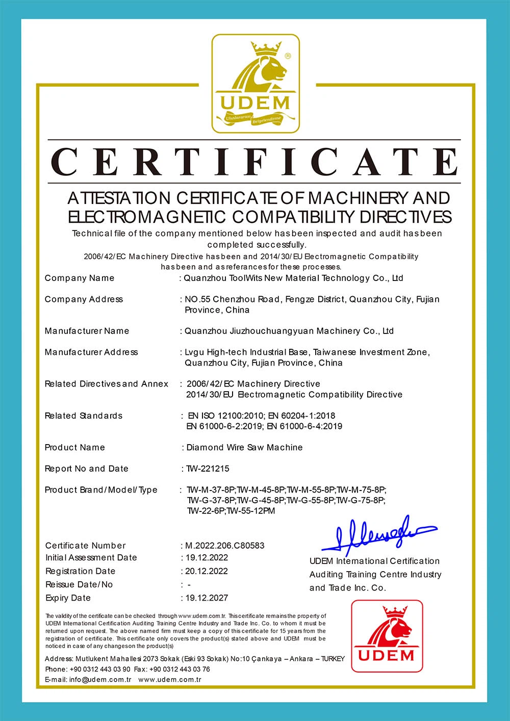 CE Certificate for Diamond Wire Saw Machine CE Certificate for Diamond Wire Saw Machine